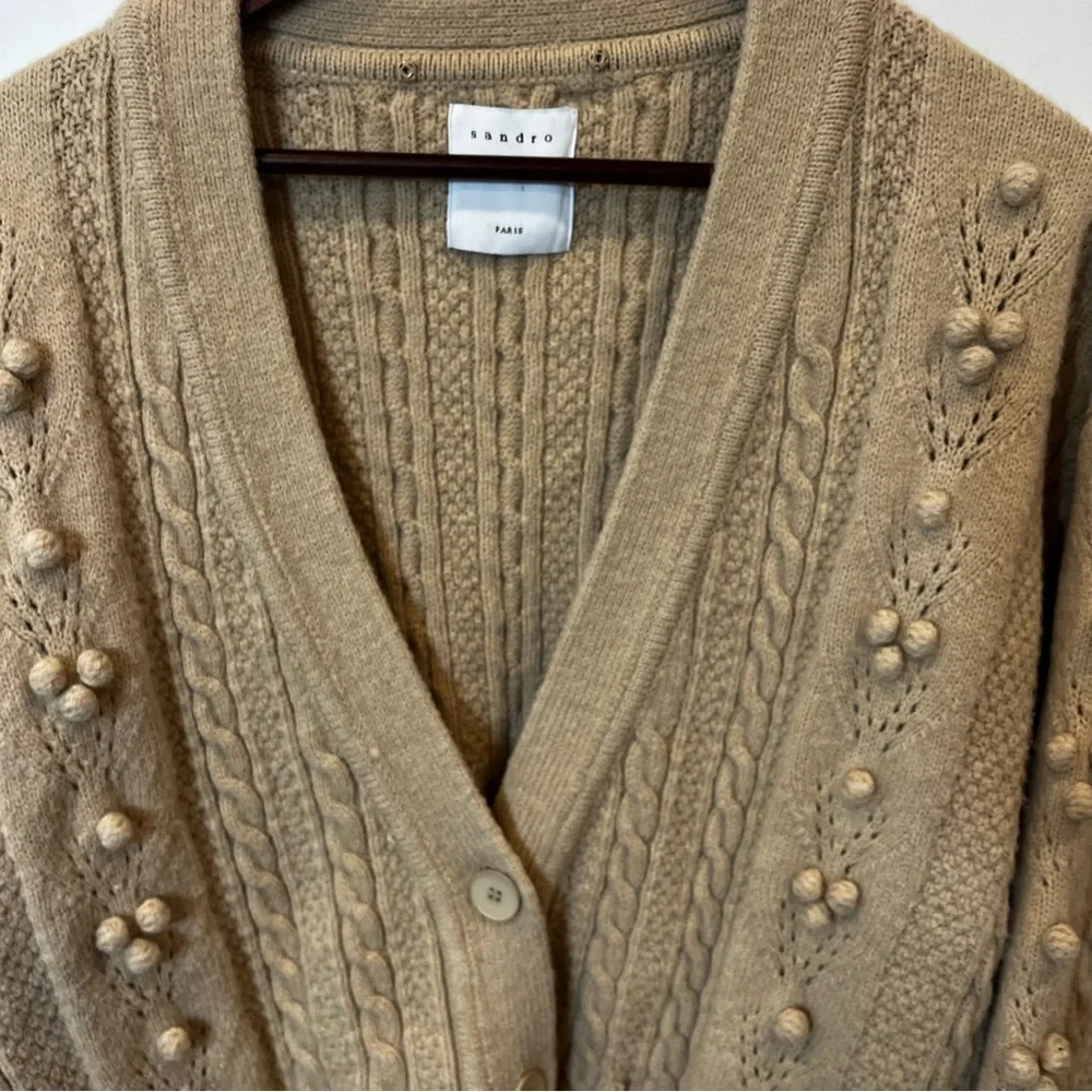 Sandro Ingrid Pom-Pom Cardigan MEDIUM Tan Cable-knit Sweater Pockets VGC - Picture 3 of 14